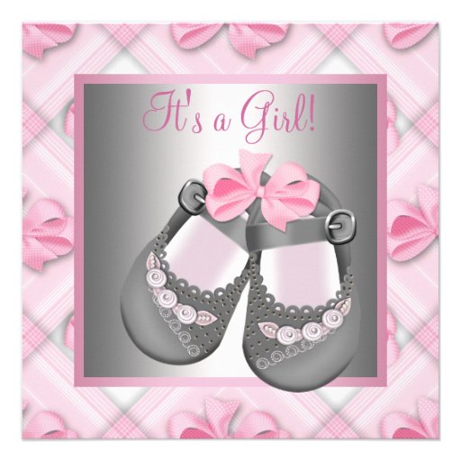 Pink Gray Baby Shoes Pink Gray Baby Girl Shower Custom Invitations