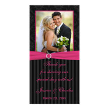 Pink Gray Black Damask Striped Wedding Photo Card