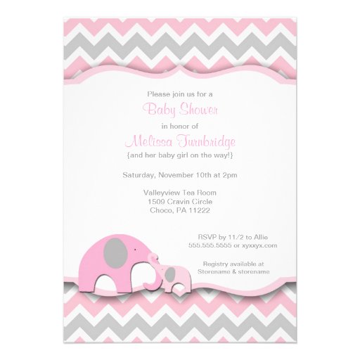 Pink & Gray Chevron Elephants Baby Shower Invites