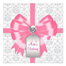 Pink Gray Damask Baby Girl Baptism Christening Personalized Invitations