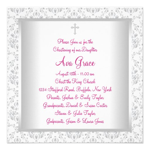 Pink Gray Damask Baby Girl Baptism Christening Personalized Invitations