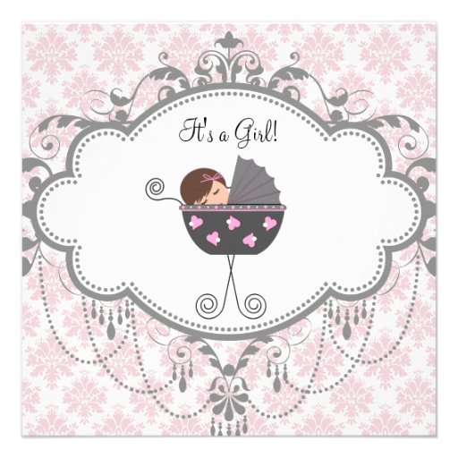 Pink Gray Damask Baby Girl Shower Invitations