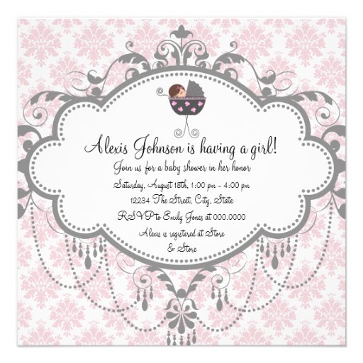Pink Gray Damask Baby Girl Shower Invitations