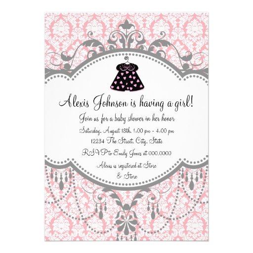 Pink Gray Damask Baby Girl Shower Invitations