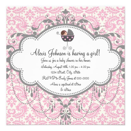 Pink Gray Damask Baby Girl Shower Invitations