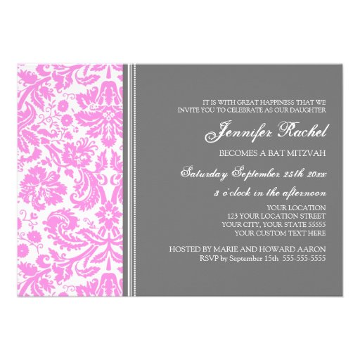 Pink Gray Damask Bat Mitzvah Invitations