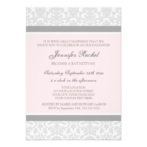 Pink Gray Damask Bat Mitzvah Invitations