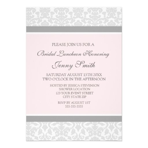 Pink Gray Damask Bridal Lunch Invitation Cards