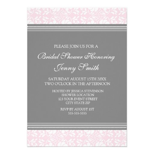 Pink Gray Damask Bridal Shower Invitation Cards