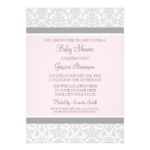 Pink Gray Damask Custom Baby Shower Invitations