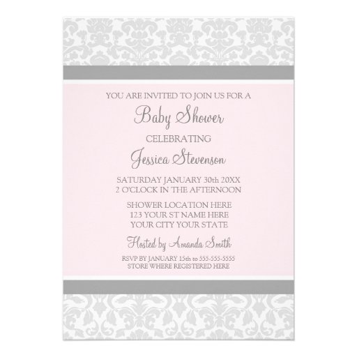 Pink Gray Damask Custom Baby Shower Invitations