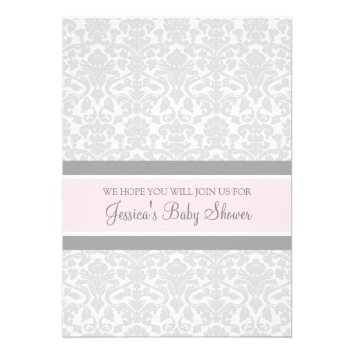 Pink Gray Damask Custom Baby Shower Invitations