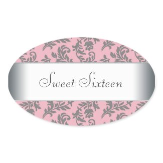Pink Grey Damask Envelope Seal Party Label sticker