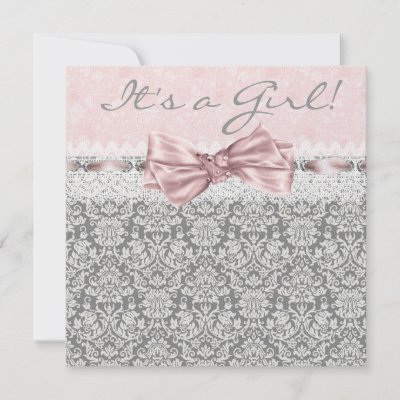 Online Baby Shower Invitation on Lace Pink Gray Damask Pink Gray Baby Girl Baby Shower Invitation Add