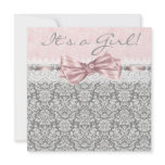 Pink Gray Damask Pink Gray Baby Girl Shower Announcements
