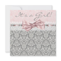Pink Gray Damask Pink Gray Baby Girl Shower Announcements