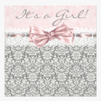 Pink Gray Damask Pink Gray Baby Girl Shower invitations