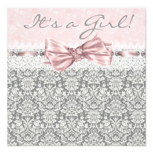 Pink Gray Damask Pink Gray Baby Girl Shower Announcements (front side)