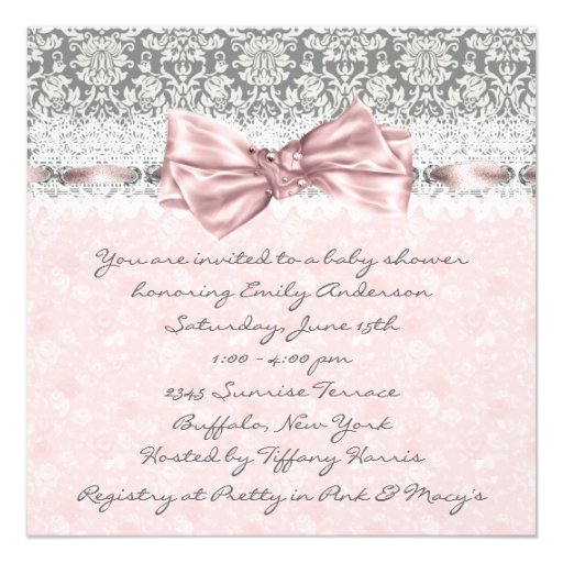 Pink Gray Damask Pink Gray Baby Girl Shower Announcements