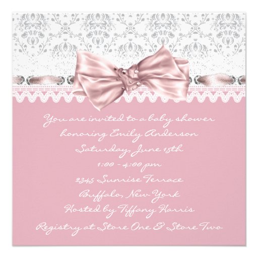 Pink Gray Damask Pink Gray Baby Girl Shower Custom Announcements