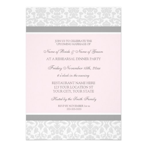 Pink Gray Damask Rehearsal Dinner Party Invites
