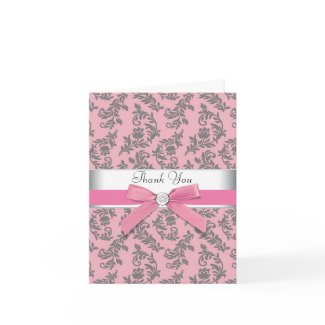 Pink Grey Damask Thank You Cards card