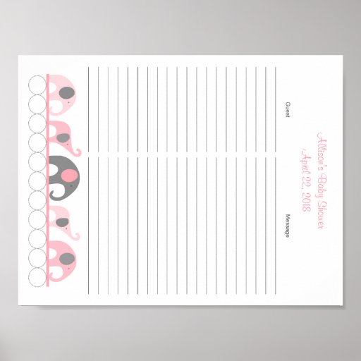 Pink Gray Elephant Baby Shower Guest Sign In sheet Poster Zazzle