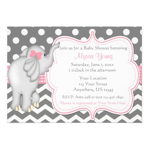 Pink Gray Elephant Baby Shower Invite