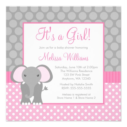 Pink Gray Elephant Polka Dot Girl Baby Shower Personalized Invitations (front side)
