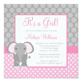 Pink Gray Elephant Polka Dot Girl Baby Shower Personalized Invitations
