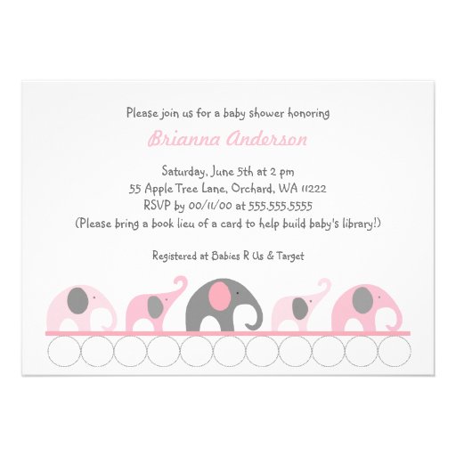 Pink & Gray elephants on books baby shower invite