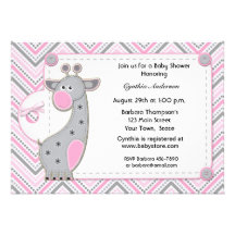 Pink Gray Giraffe Chevron Baby Shower Invitation