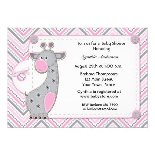 Pink Gray Giraffe Chevron Baby Shower Invitation