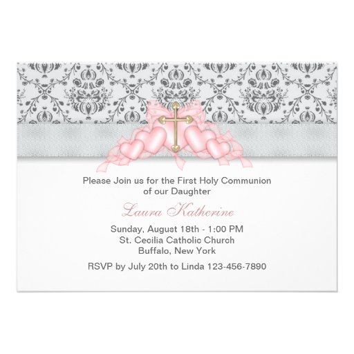 Pink Gray Gold Cross Girls Pink First Communion Announcements