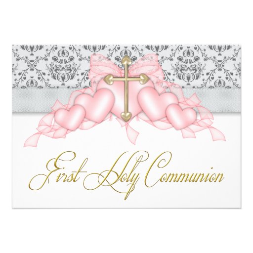Pink Gray Gold Cross Girls Pink First Communion Announcements