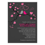 Pink, Gray Lovebirds & Hearts Wedding Invitation