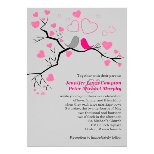 Pink, Gray Lovebirds & Hearts Wedding Invitation