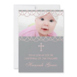Pink Gray Pearl Cross Baby Girl Photo Christening Personalized Invite