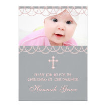 Pink Gray Pearl Cross Baby Girl Photo Christening invitations
