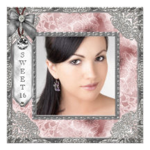 Pink Gray Photo Sweet 16 Birthday Party Custom Invites