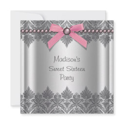 Pink Gray Silver Lace Pink Sweet 16 Party invitation