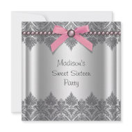 Pink Gray Silver Lace Pink Sweet 16 Party invitation