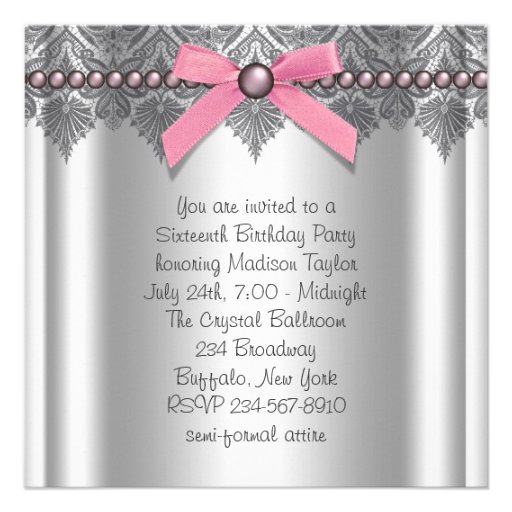 Pink Gray Sweet 16 Birthday Party Invitations