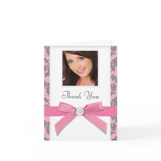 Pink Grey Swirl Damask Photo Thank You Cards card