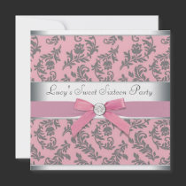 Pink Gray Swirl Damask Pink Sweet 16 Party Custom Invite