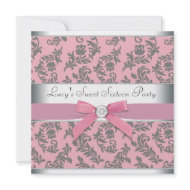 Pink Gray Swirl Damask Pink Sweet 16 Party invitation