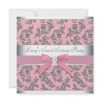 Pink Gray Swirl Damask Pink Sweet 16 Party Custom Invite