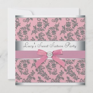 Pink Gray Swirl Damask Pink Sweet 16 Party Custom Invite