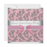 Pink Gray Swirl Damask Pink Sweet 16 Party invitations