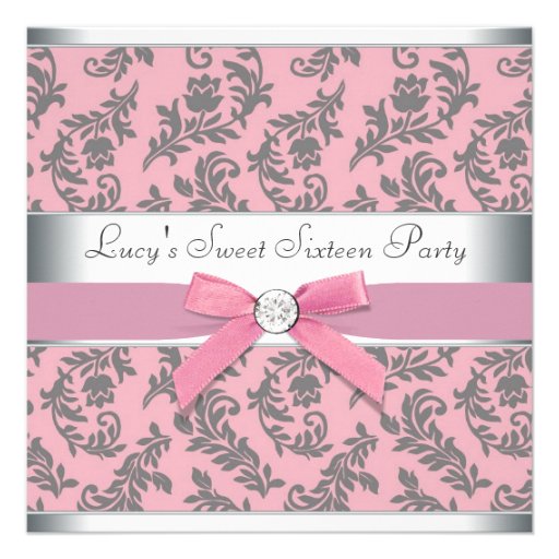 Pink Gray Swirl Damask Pink Sweet 16 Party Custom Invite